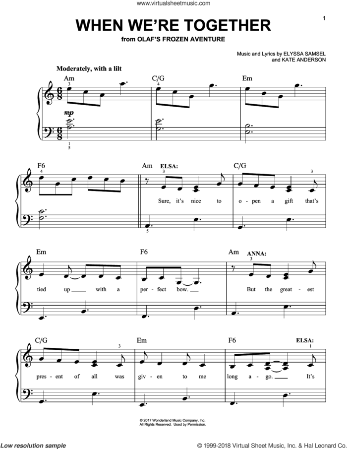 When We're Together sheet music for piano solo by Elyssa Samsel and Kate Anderson, easy skill level