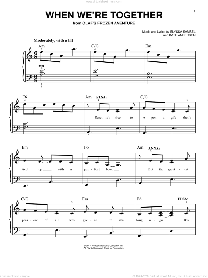 When We're Together sheet music for piano solo by Elyssa Samsel and Kate Anderson, easy skill level