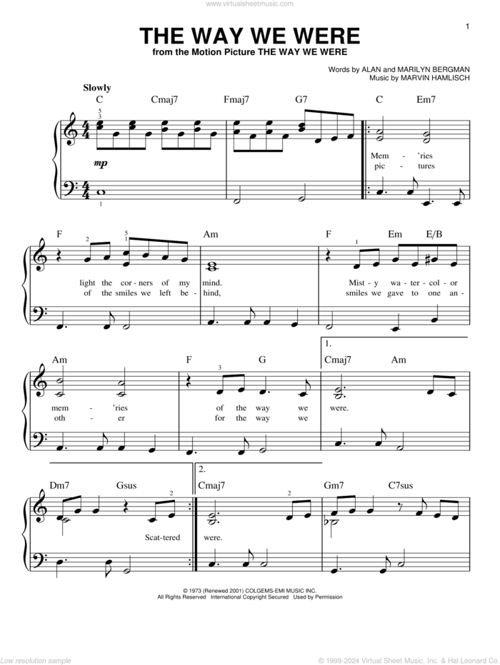 The Way We Were, (beginner) sheet music for piano solo by Barbra Streisand, Alan Bergman, Marilyn Bergman and Marvin Hamlisch, beginner skill level