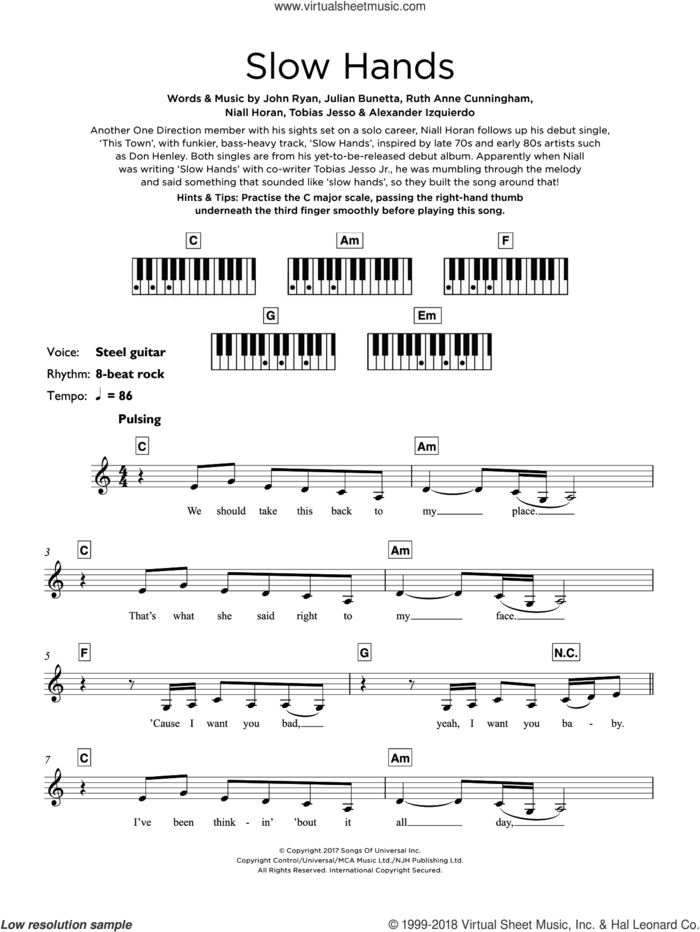 Slow Hands sheet music for piano solo (keyboard) by Niall Horan, Alexander Izquierdo, John Ryan, Julian Bunetta, Ruth Anne Cunningham and Tobias Jesso, intermediate piano (keyboard)