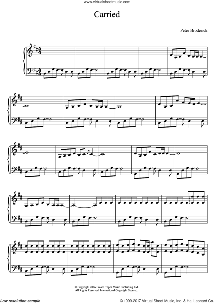 Carried sheet music for piano solo by Peter Broderick, intermediate skill level
