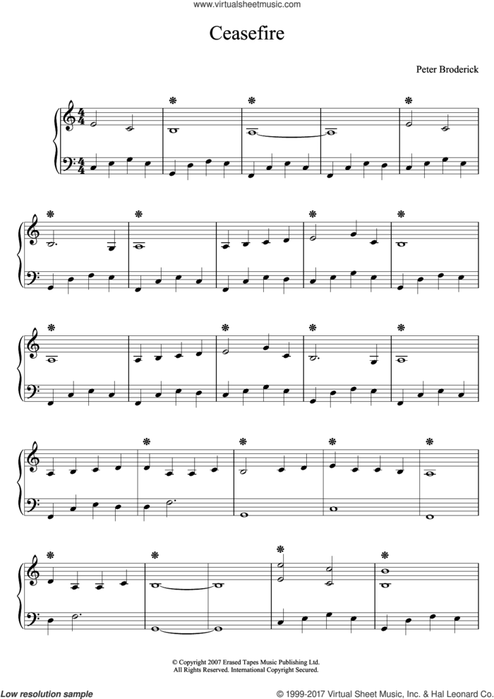 Ceasefire sheet music for piano solo by Peter Broderick, classical score, intermediate skill level