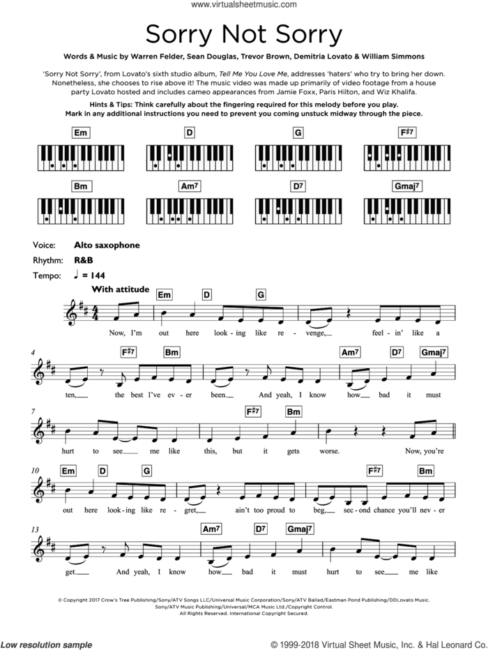 Sorry Not Sorry sheet music for piano solo (keyboard) by Demi Lovato, Demitria Lovato, Sean Douglas, Trevor Brown, Warren Felder and William Simmons, intermediate piano (keyboard)