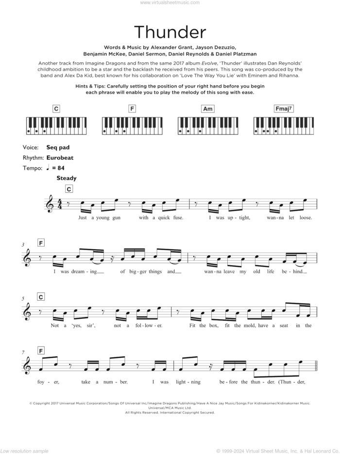 Thunder sheet music for piano solo (keyboard) by Imagine Dragons, Alexander Grant, Benjamin McKee, Daniel Platzman, Daniel Reynolds, Daniel Sermon and Jayson Dezuzio, intermediate piano (keyboard)