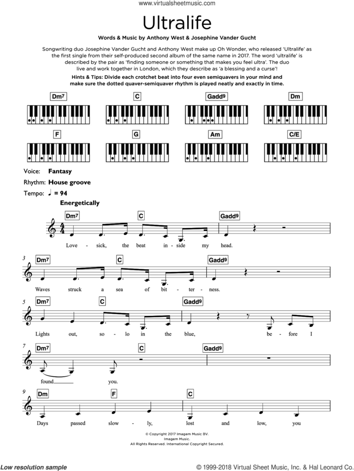Ultralife sheet music for piano solo (keyboard) by Oh Wonder, Anthony West and Josephine Vander Gucht, intermediate piano (keyboard)