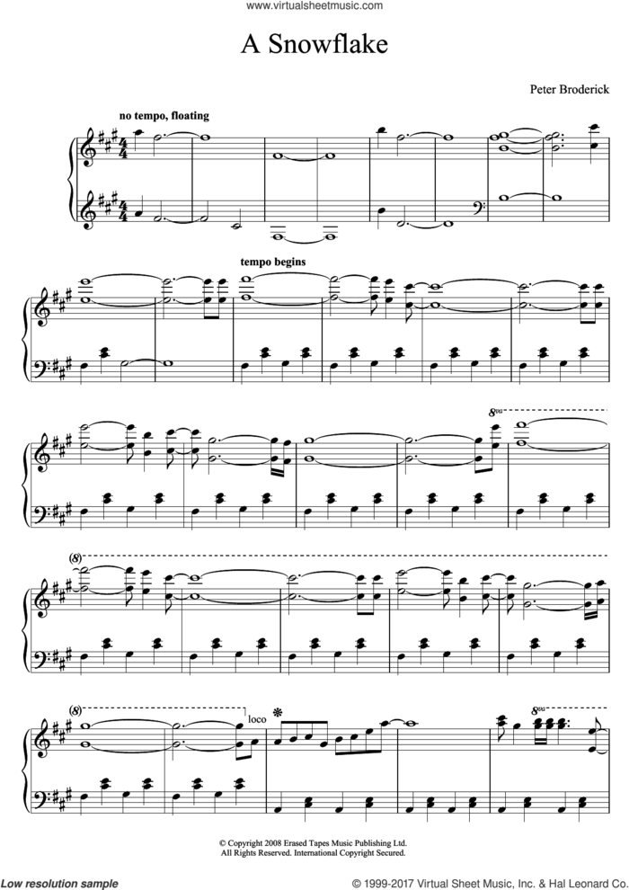 A Snowflake sheet music for piano solo by Peter Broderick, classical score, intermediate skill level
