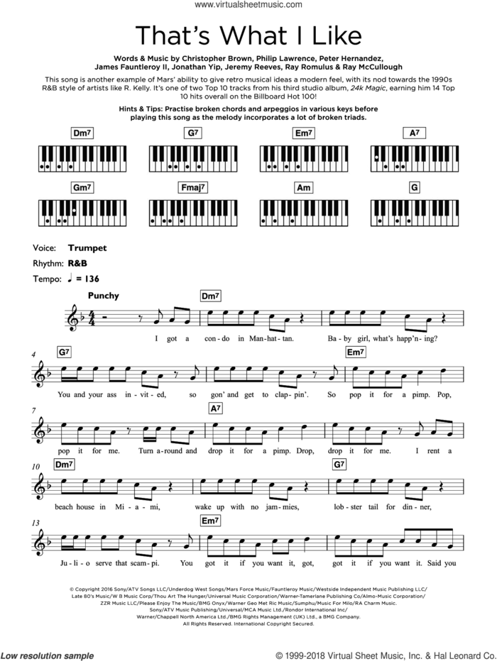 That's What I Like sheet music for piano solo (keyboard) by Bruno Mars, Chris Brown, James Fauntleroy, Jeremy Reeves, Jonathan Yip, Peter Hernandez, Philip Lawrence, Ray McCullough and Ray Romulus, intermediate piano (keyboard)