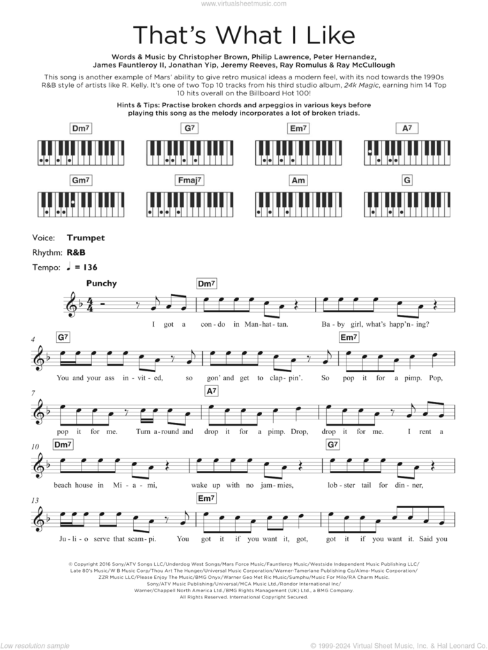 That's What I Like sheet music for piano solo (keyboard) by Bruno Mars, Chris Brown, James Fauntleroy, Jeremy Reeves, Jonathan Yip, Peter Hernandez, Philip Lawrence, Ray McCullough and Ray Romulus, intermediate piano (keyboard)