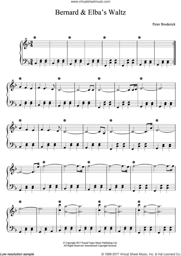 Bernard and Elba's Waltz sheet music for piano solo by Peter Broderick, classical score, intermediate skill level