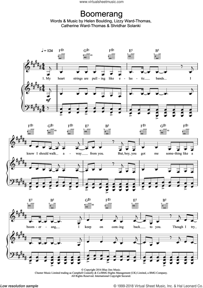 Boomerang sheet music for voice, piano or guitar by Ward Thomas, Catherine Ward-Thomas, Helen Boulding, Lizzy Ward-Thomas and Shridhar Solanki, intermediate skill level