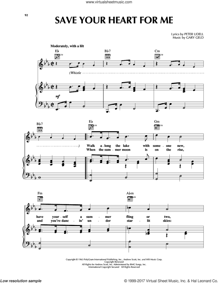 Save Your Heart For Me sheet music for voice, piano or guitar by Gary Lewis & The Playboys, Gary Geld and Peter Udell, intermediate skill level