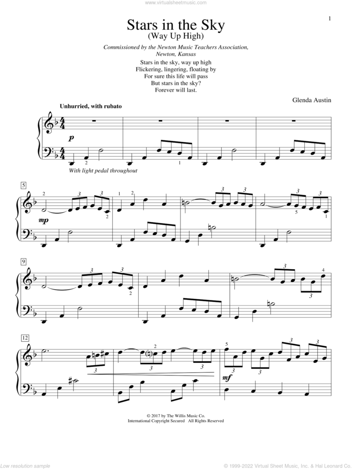 Stars In The Sky (Way Up High) sheet music for piano solo (elementary) by Glenda Austin, beginner piano (elementary)