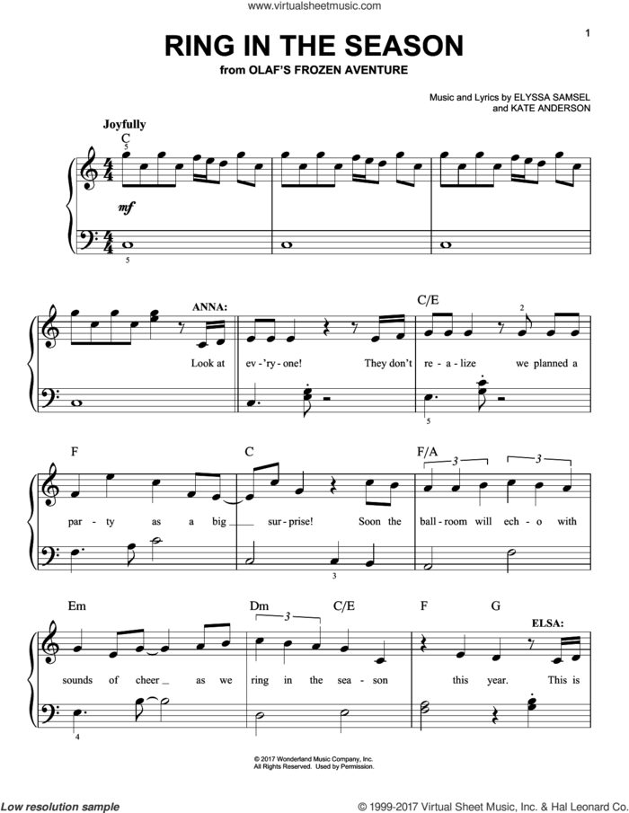 Ring In The Season sheet music for piano solo by Kate Anderson and Elyssa Samsel, easy skill level