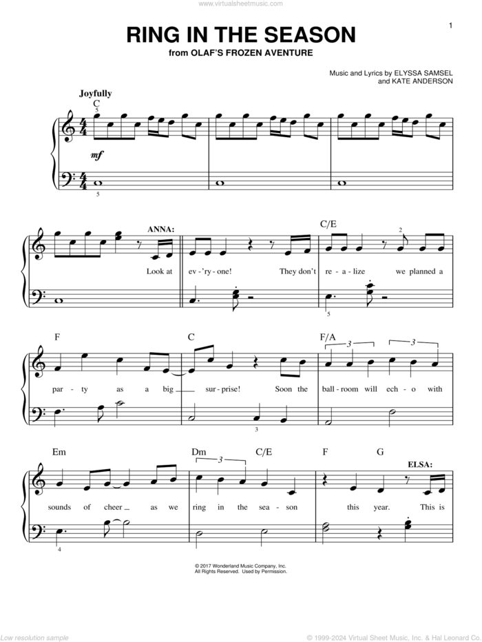 Ring In The Season sheet music for piano solo by Kate Anderson and Elyssa Samsel, easy skill level