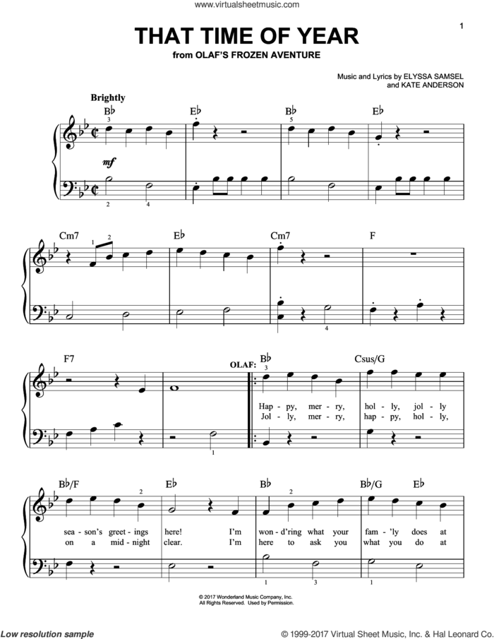 That Time Of Year sheet music for piano solo by Kate Anderson and Elyssa Samsel, easy skill level