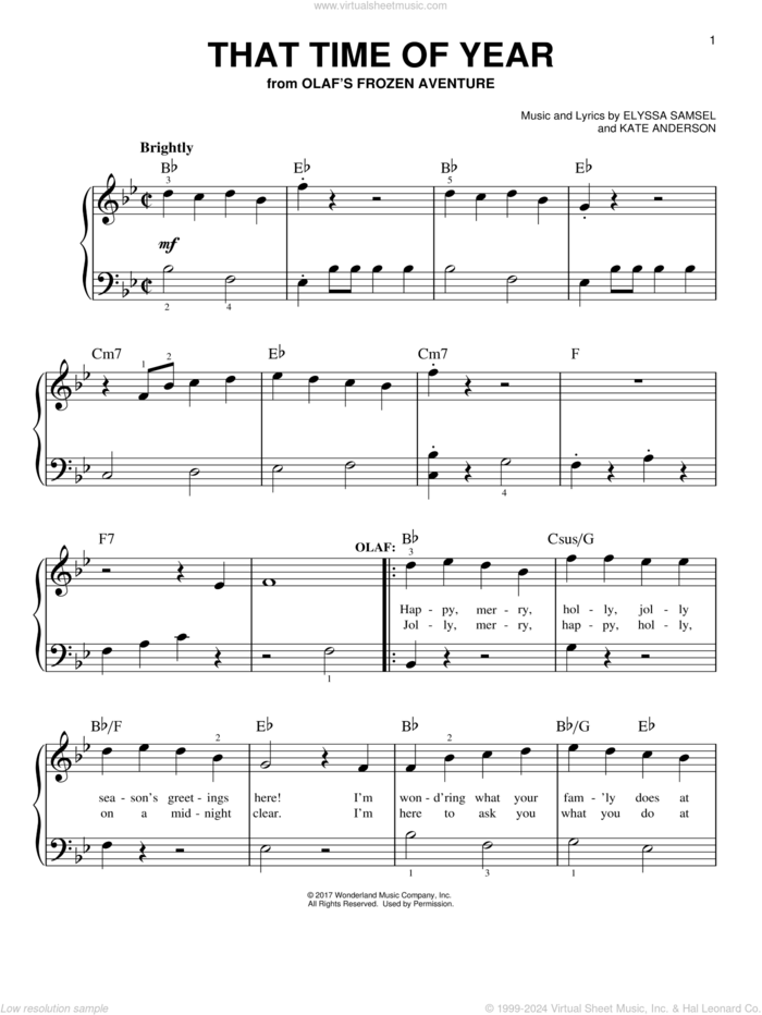 That Time Of Year sheet music for piano solo by Kate Anderson and Elyssa Samsel, easy skill level