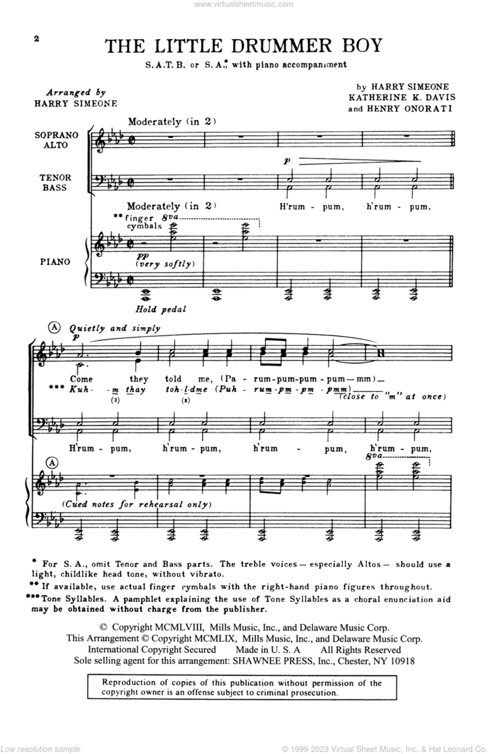 The Little Drummer Boy sheet music for choir (SATB: soprano, alto, tenor, bass) by Katherine Davis, Harry Simeone and Henry Onorati, intermediate skill level