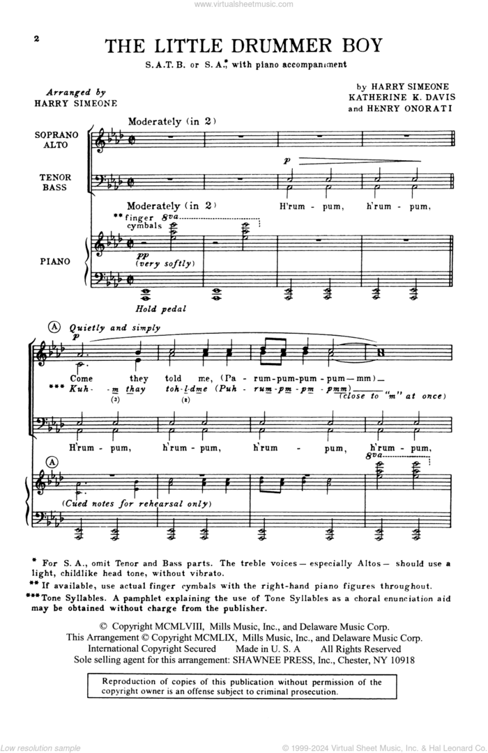 The Little Drummer Boy sheet music for choir (SATB: soprano, alto, tenor, bass) by Katherine Davis, Harry Simeone and Henry Onorati, intermediate skill level