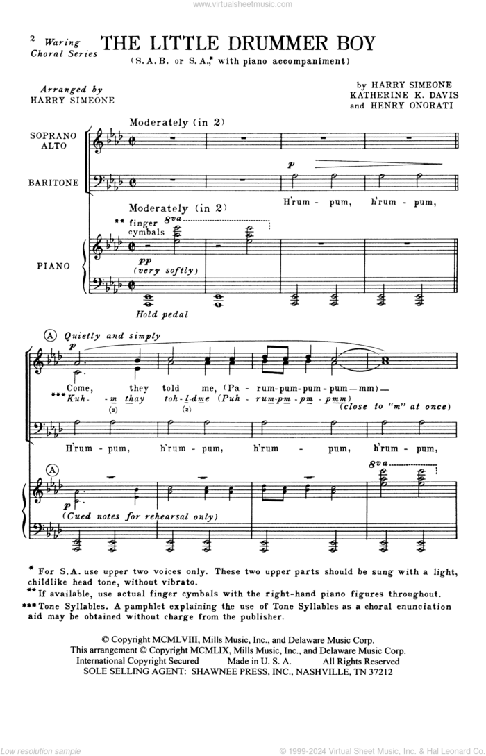 The Little Drummer Boy sheet music for choir (SAB: soprano, alto, bass) by Katherine Davis, Gloria Gaynor, Harry Simeone and Henry Onorati, intermediate skill level