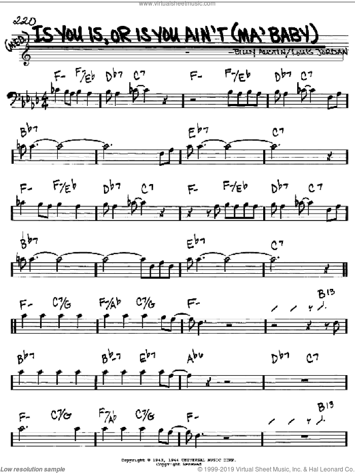 Is You Is, Or Is You Ain't (Ma' Baby) sheet music for voice and other instruments (bass clef) by Louis Jordan and Billy Austin, intermediate skill level