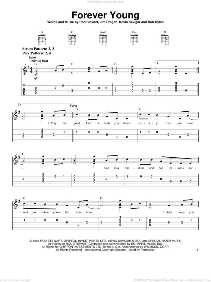 Forever Young sheet music for guitar solo (chords) by Rod Stewart, Bob Dylan, Jim Cregan and Kevin Savigar, easy guitar (chords)