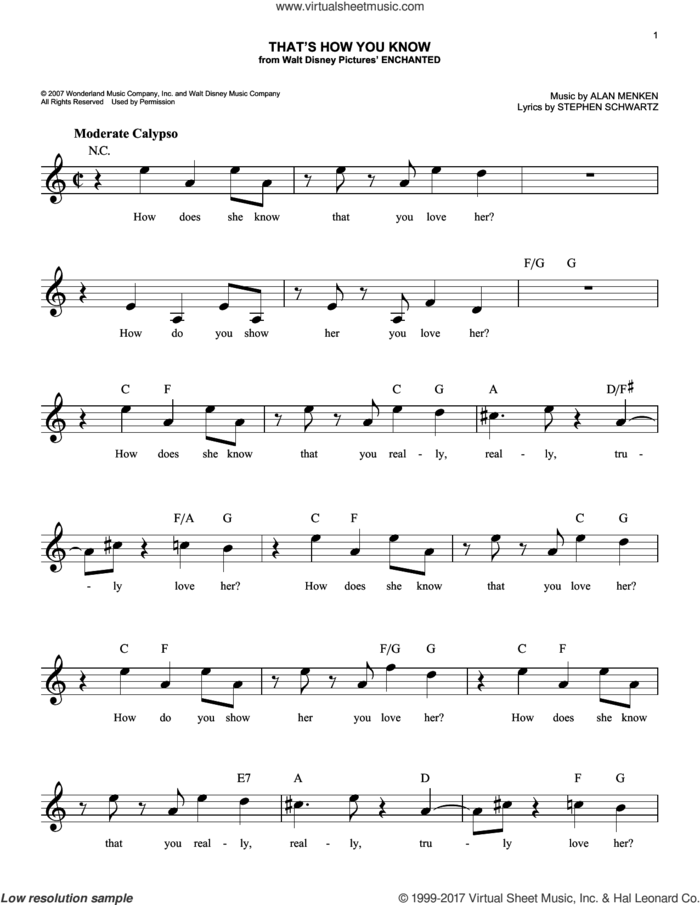 That's How You Know (from Enchanted) sheet music for voice and other instruments (fake book) by Amy Adams, Alan Menken and Stephen Schwartz, easy skill level
