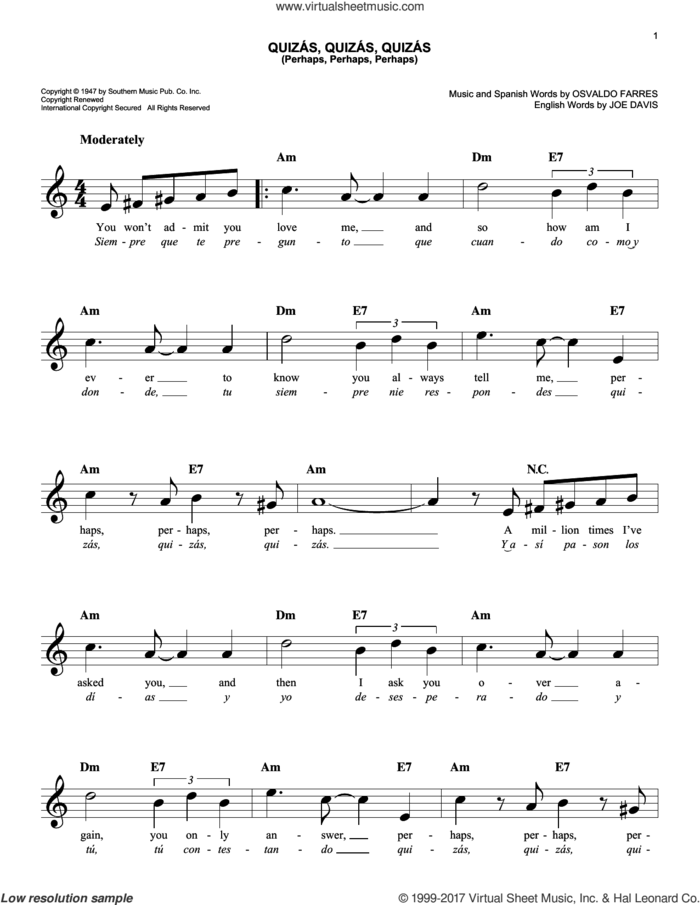Quizas, Quizas, Quizas (Perhaps, Perhaps, Perhaps) sheet music for voice and other instruments (fake book) by Joe Davis and Osvaldo Farres, easy skill level