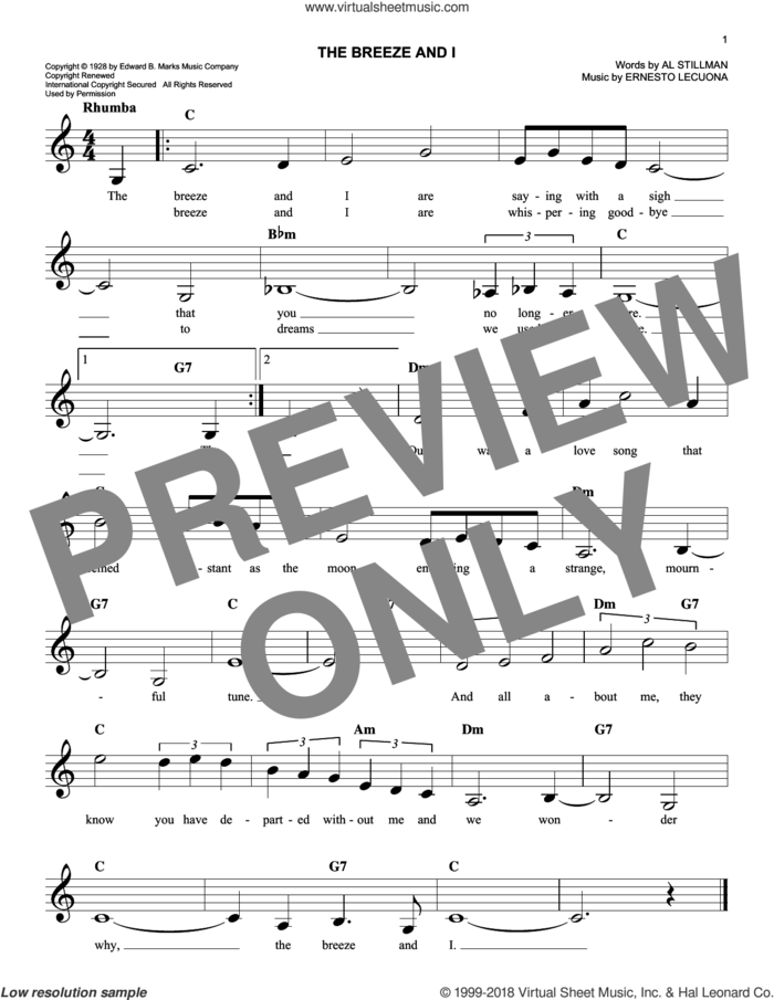 The Breeze And I sheet music for voice and other instruments (fake book) by Al Stillman, Caterina Valente and Ernesto Lecuona, easy skill level