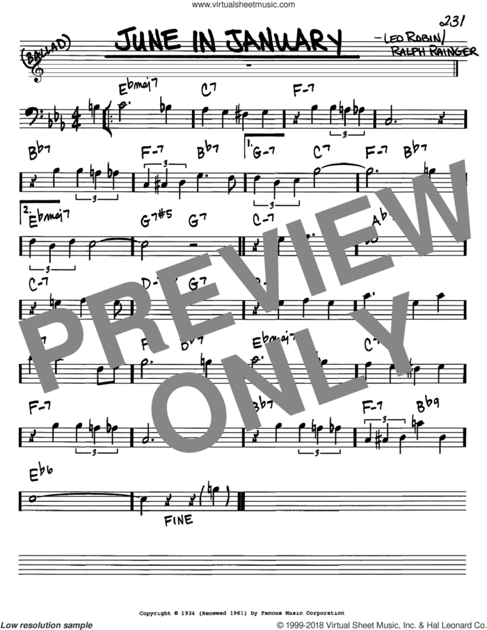 June In January sheet music for voice and other instruments (bass clef) by Ralph Rainger, Lucy Ann Polk and Leo Robin, intermediate skill level