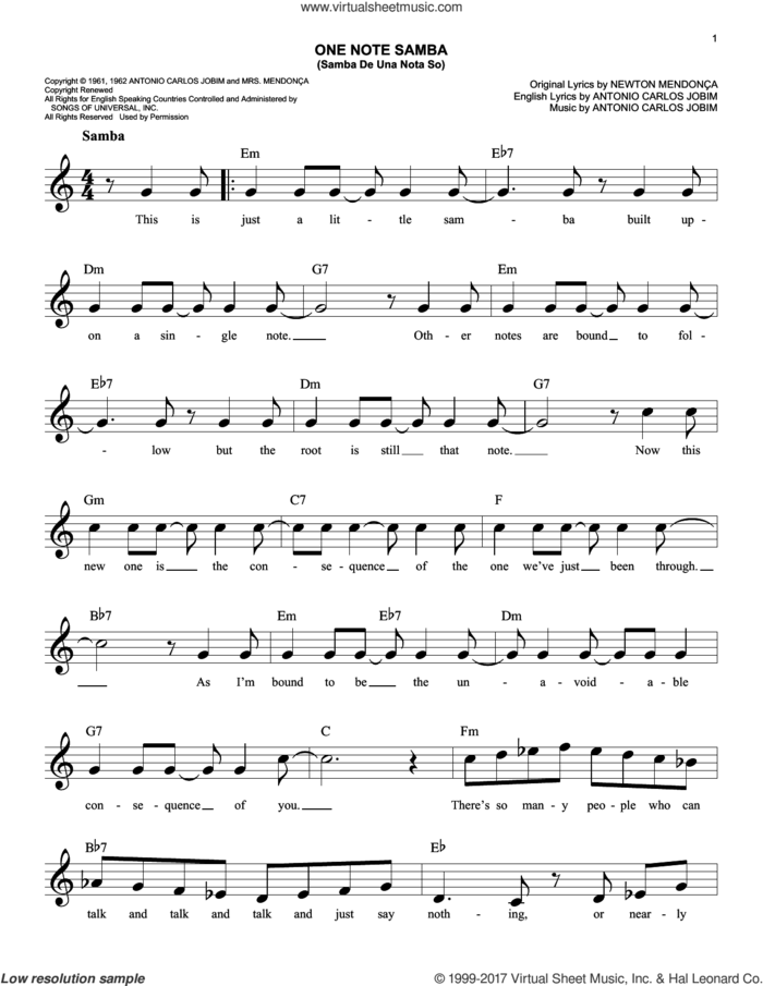 One Note Samba (Samba De Uma Nota So) sheet music for voice and other instruments (fake book) by Antonio Carlos Jobim, Pat Thomas and Newton Mendonca, easy skill level