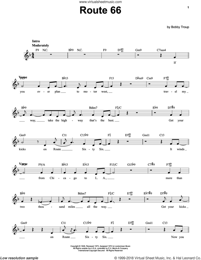 Route 66 sheet music for voice solo by Bobby Troup, Manhattan Transfer and Nat King Cole, intermediate skill level