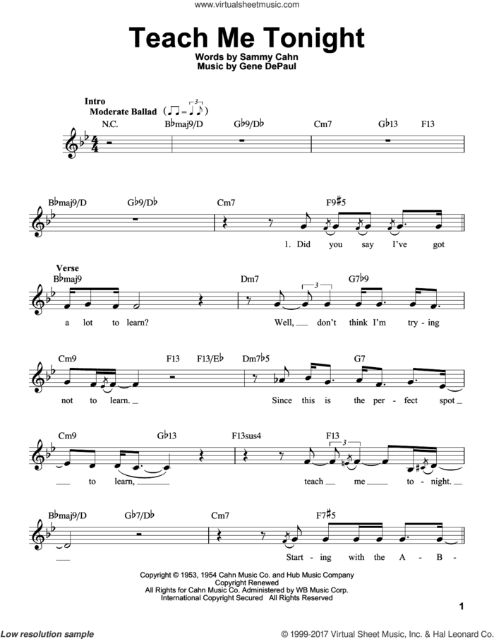 Teach Me Tonight sheet music for voice solo by Sammy Cahn and Gene DePaul, intermediate skill level