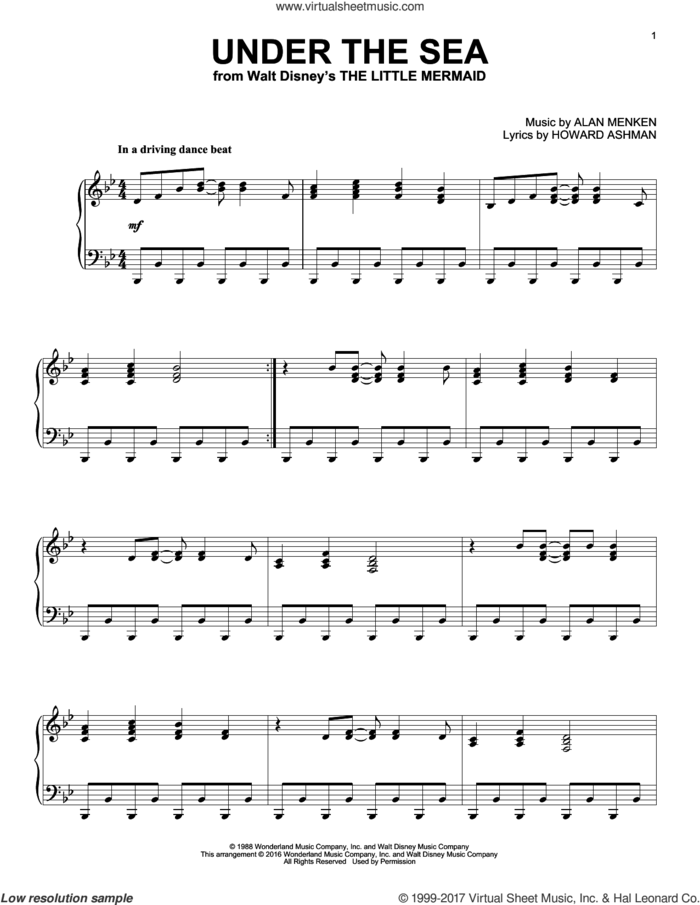 Under The Sea [Jazz version] (from The Little Mermaid) sheet music for piano solo by Alan Menken and Howard Ashman, intermediate skill level