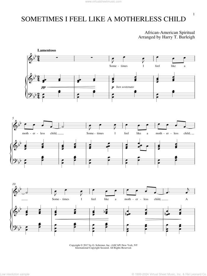 Sometimes I Feel Like A Motherless Child sheet music for voice and piano (Soprano) by Harry T. Burleigh, intermediate skill level