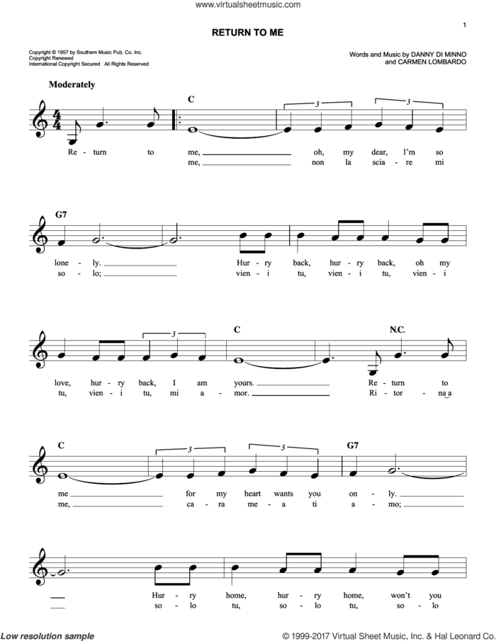 Return To Me sheet music for voice and other instruments (fake book) by Dean Martin, Carmen Lombardo and Danny Di Minno, easy skill level