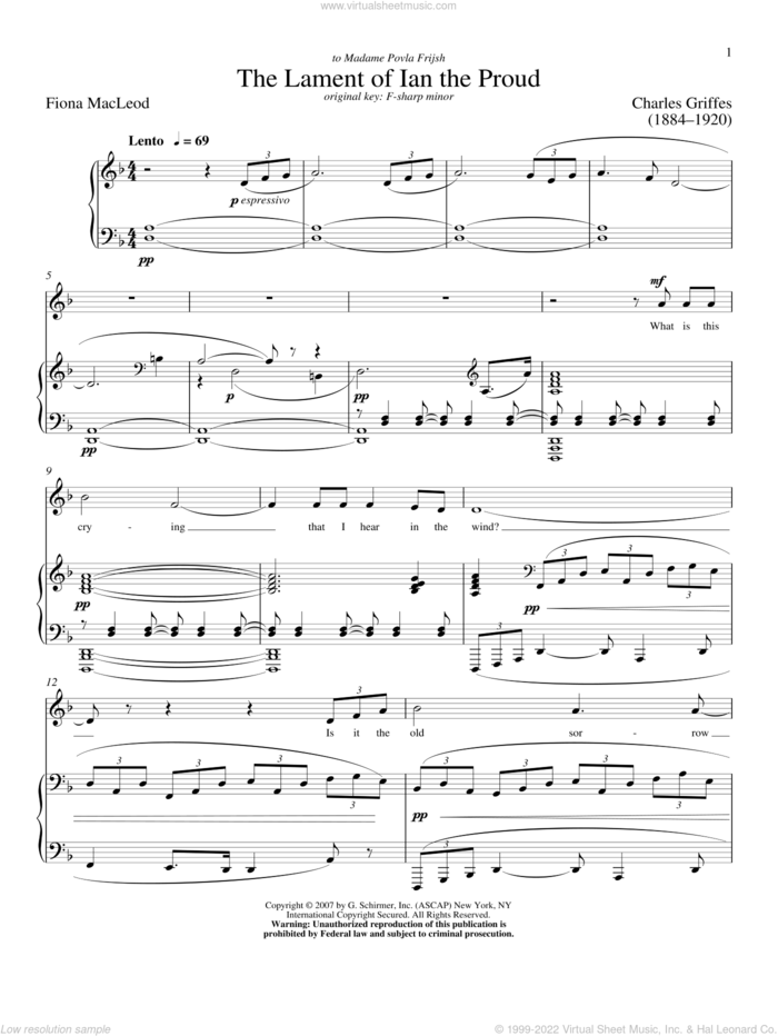 The Lament Of Ian The Proud sheet music for voice and piano (Low Voice) by Charles Griffes and Fiona MacLeod, classical score, intermediate skill level