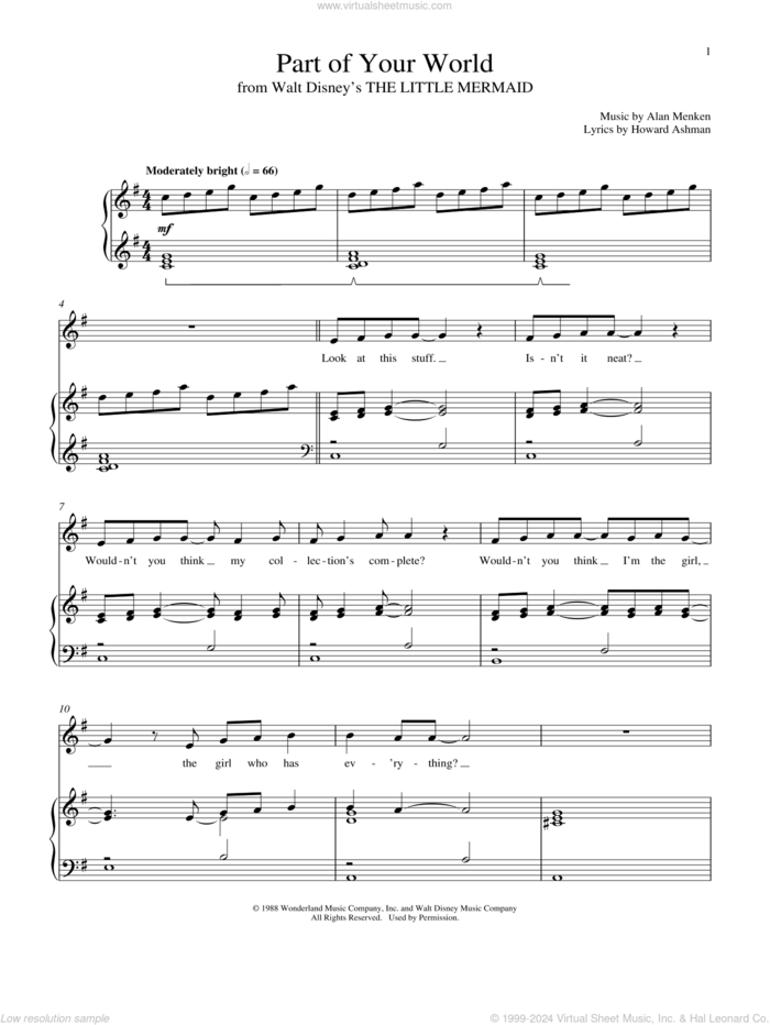 Part Of Your World (from The Little Mermaid) sheet music for voice and piano by Alan Menken, Alan Menken & Howard Ashman and Howard Ashman, intermediate skill level