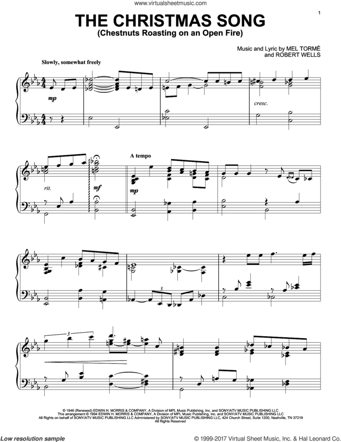 The Christmas Song (Chestnuts Roasting On An Open Fire) sheet music for piano solo by Mel Torme, Mel Torme and Robert Wells, intermediate skill level