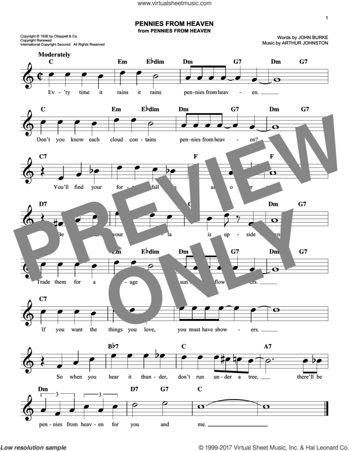 Pennies From Heaven sheet music for voice and other instruments (fake book) by John Burke and Arthur Johnston, intermediate skill level
