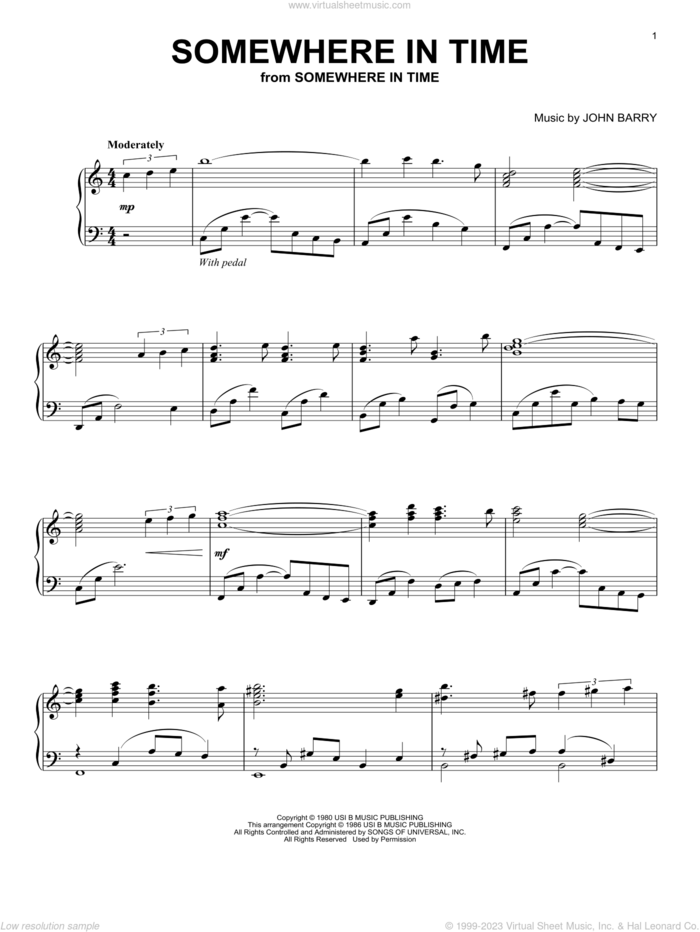 Somewhere In Time sheet music for piano solo by B.A. Robertson and John Barry, intermediate skill level