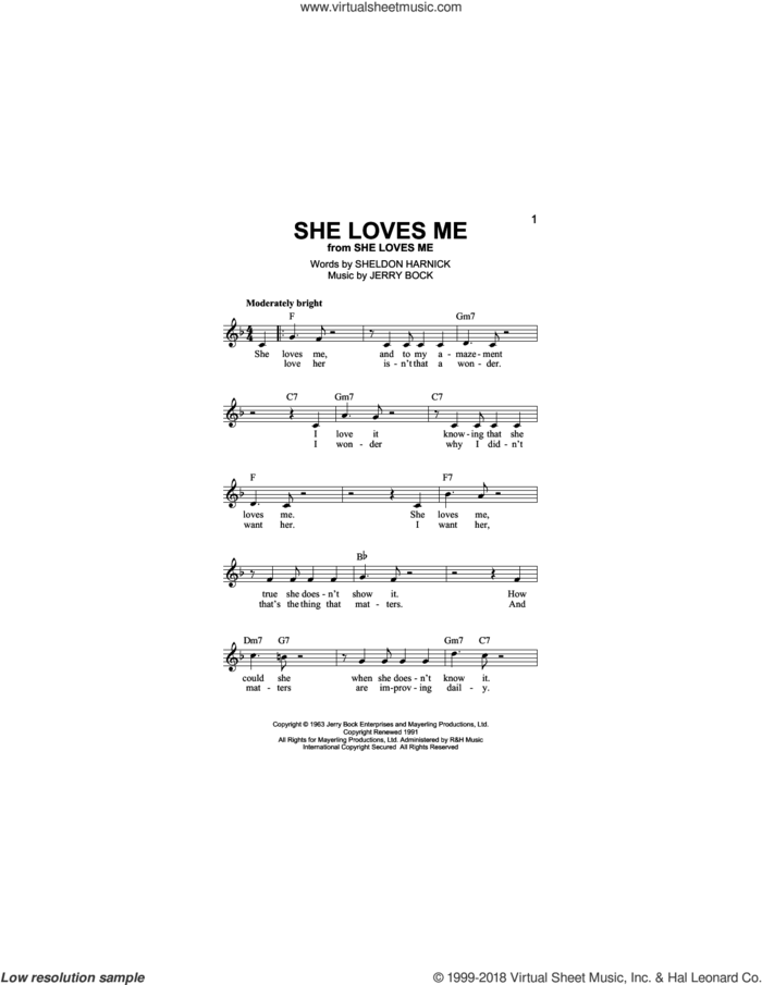 She Loves Me sheet music for voice and other instruments (fake book) by Jerry Bock and Sheldon Harnick, intermediate skill level