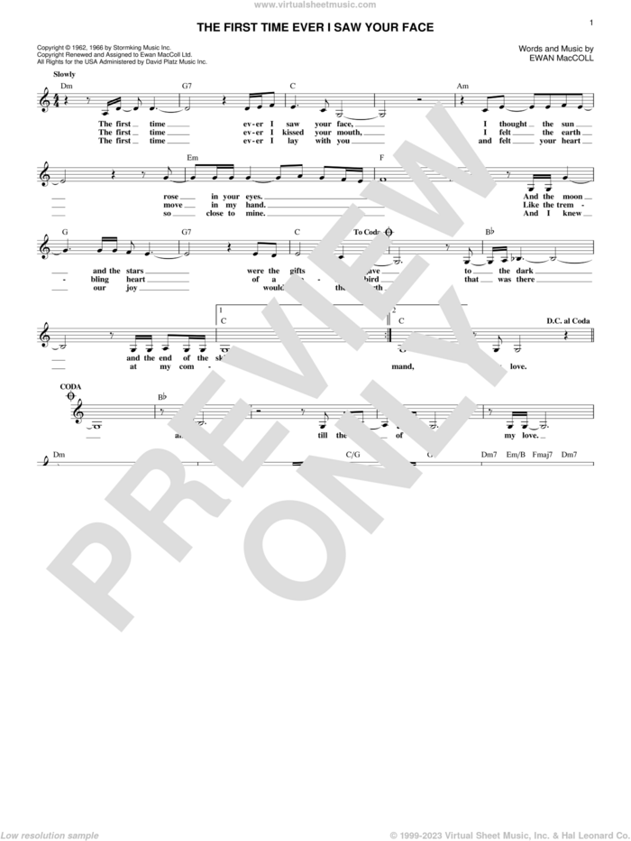 The First Time Ever I Saw Your Face sheet music for voice and other instruments (fake book) by Roberta Flack and Ewan MacColl, intermediate skill level