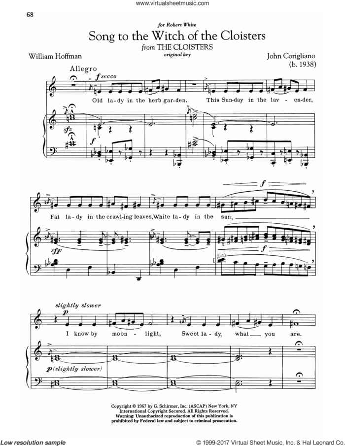 Song To The Witch Of The Cloisters sheet music for voice and piano (High Voice) by John Corigliano and William Hoffman, classical score, intermediate skill level