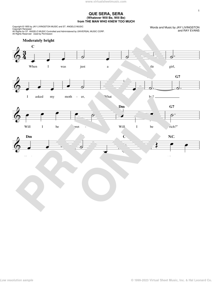 Que Sera, Sera (Whatever Will Be, Will Be) sheet music for voice and other instruments (fake book) by Doris Day, Jay Livingston and Raymond B. Evans, intermediate skill level