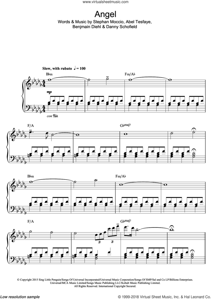 Angel sheet music for piano solo by Tokio Myers, Abel Tesfaye, Benjmain Diehl, Danny Schofield and Stephan Moccio, intermediate skill level