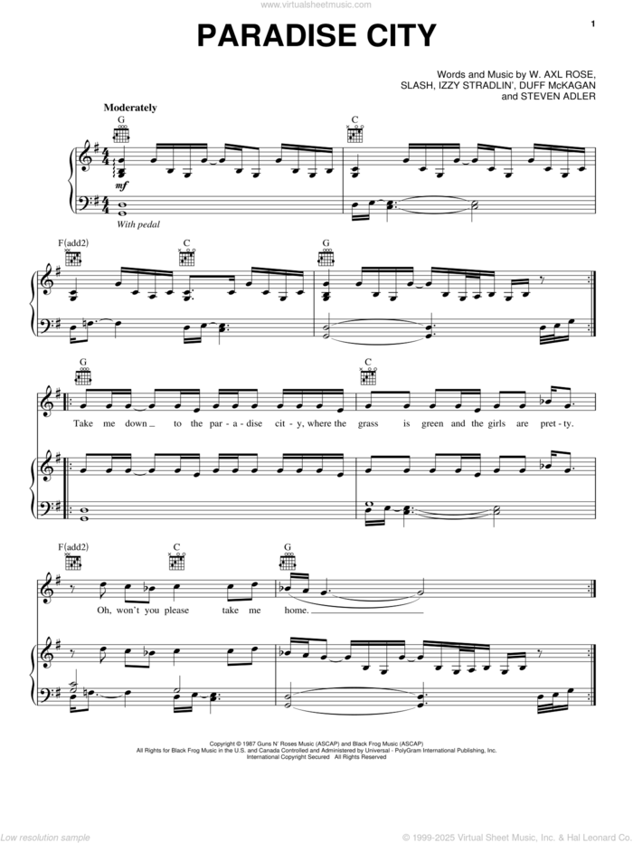 Paradise City sheet music for voice, piano or guitar by Guns N' Roses, Axl Rose, Duff McKagan, Slash and Steven Adler, intermediate skill level