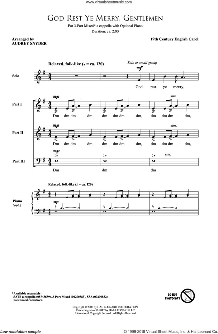 God Rest Ye Merry, Gentlemen sheet music for choir (3-Part Mixed) by Audrey Snyder and 19th Century English Carol, intermediate skill level