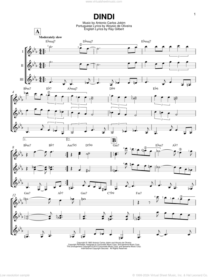 Dindi sheet music for guitar ensemble by Antonio Carlos Jobim, Aloysio de Oliveira and Ray Gilbert, intermediate skill level