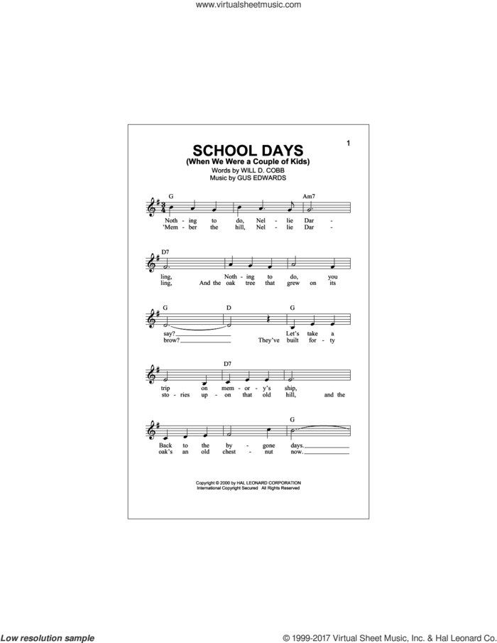School Days (When We Were A Couple Of Kids) sheet music for voice and other instruments (fake book) by Gus Edwards and Will D. Cobb, intermediate skill level