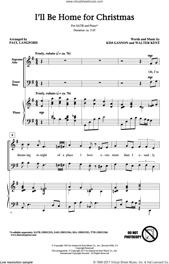 I'll Be Home For Christmas sheet music for choir (SATB: soprano, alto, tenor, bass) by Kim Gannon and Paul Langford, intermediate skill level